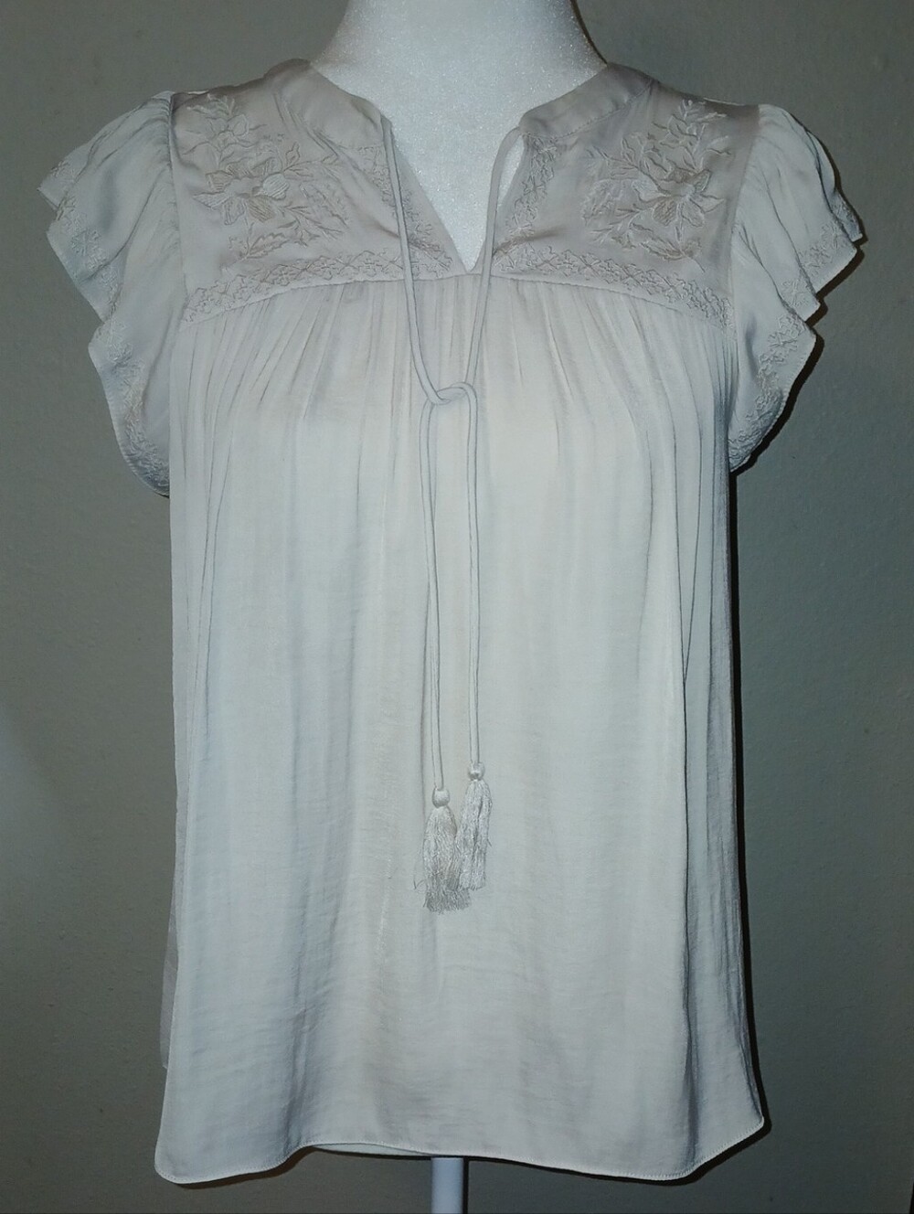Rachel Zoe Cream Embroidered Tie-Neck Blouse
